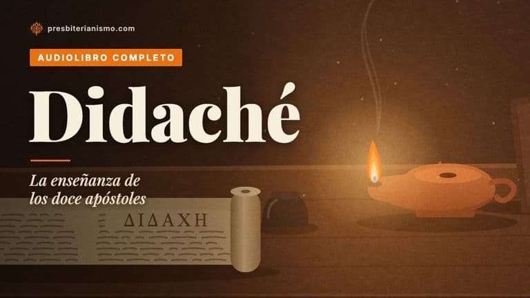 Miniatura del audiolibro de la Didaché: el título sobre un escritorio antiguo con un rollo y una lámpara de aceite