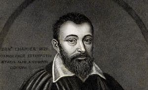 Black and white portrait of Joannes Chamier, featuring a beard and white ruffled collar.