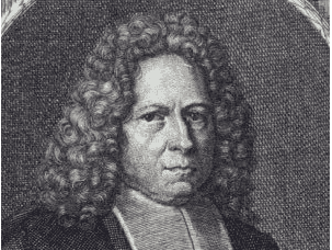 Black and white portrait engraving of a man with long, curly hair and serious expression.